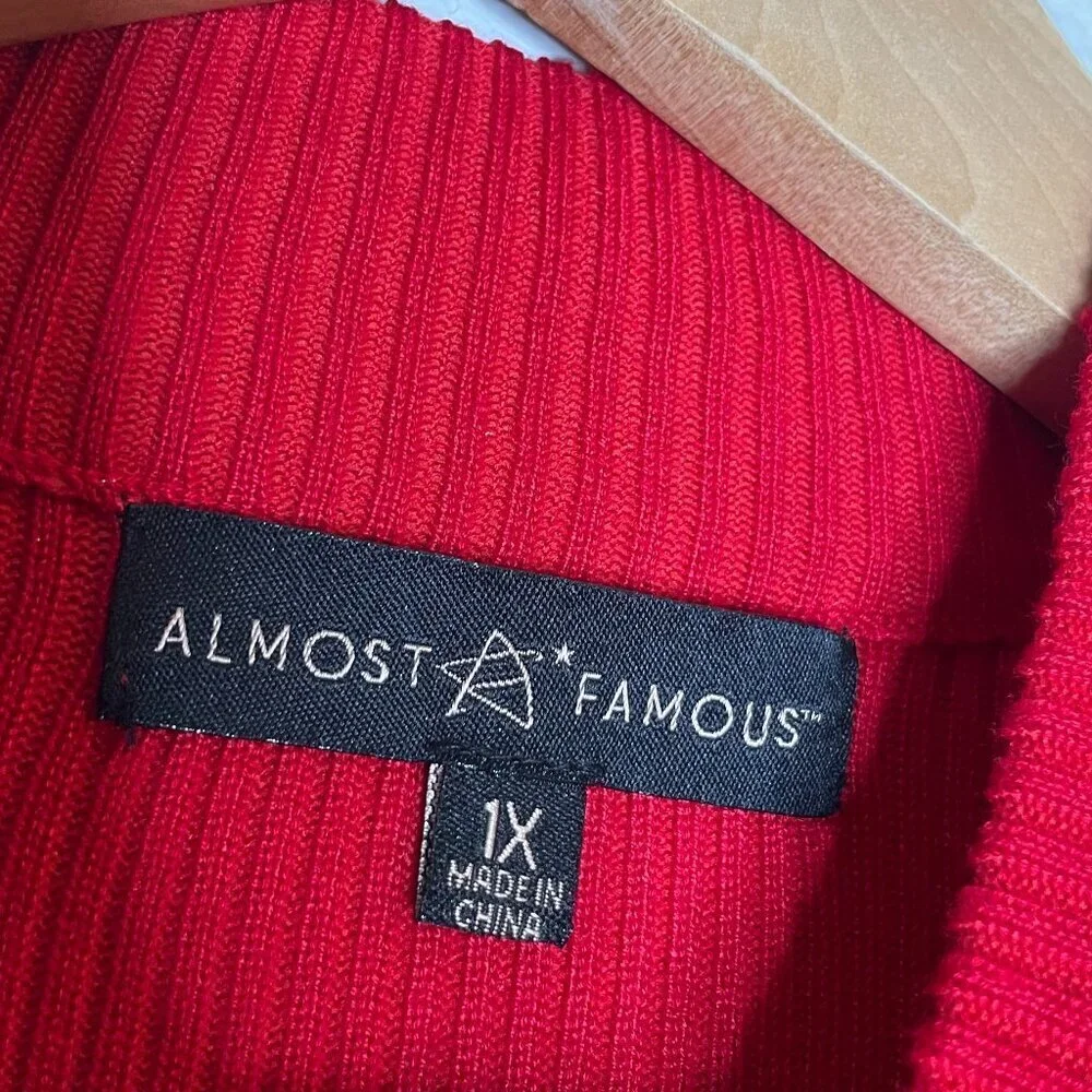 Almost Famous Sirencore Red Puff Shoulder Ribbed Midi Sweater Dress 1X